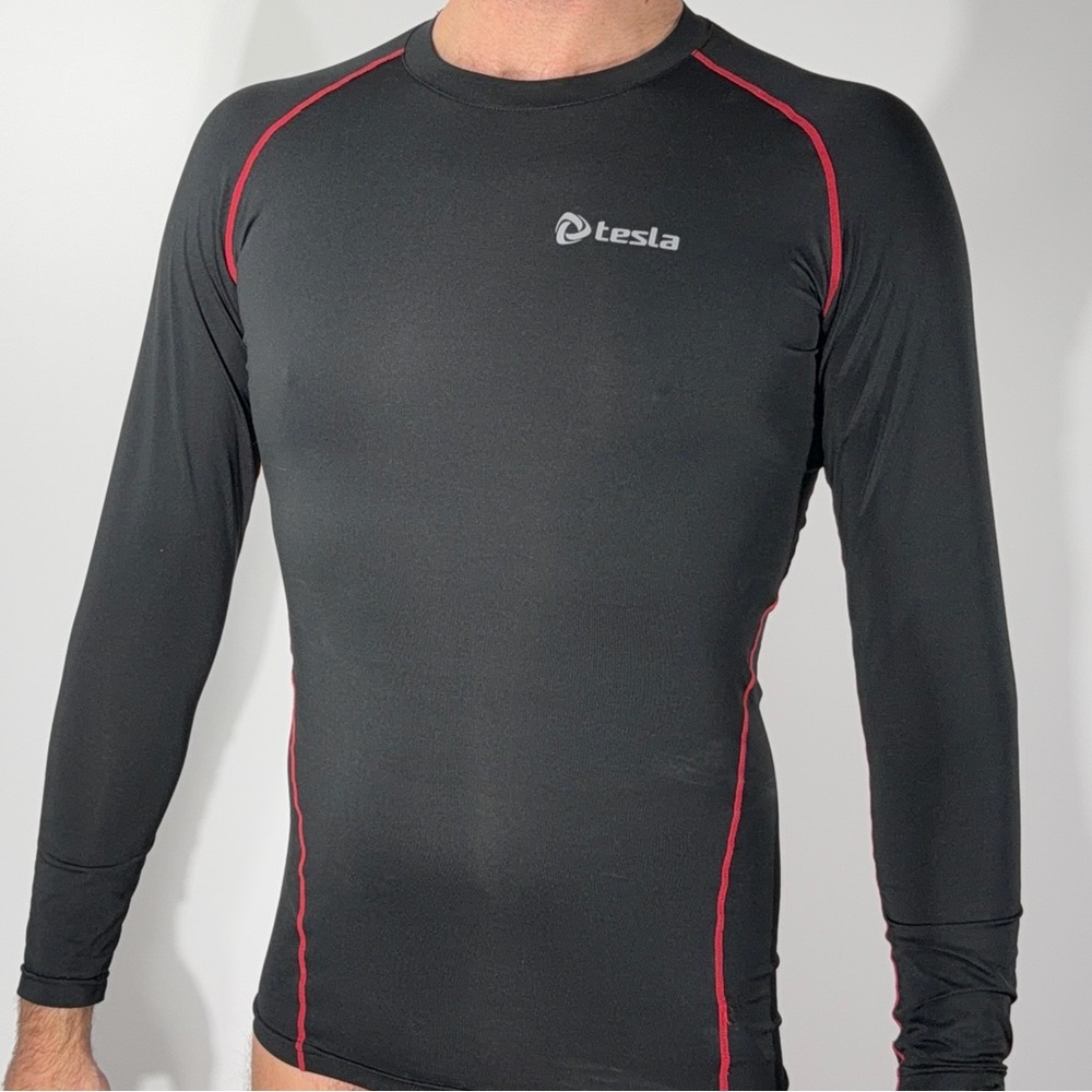 Tesla Men's Rash Guard in Black with Red Highlights